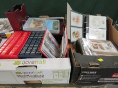 TWO TRAYS OF ASSORTED POSTCARDS AND FIRST DAY COVERS ETC