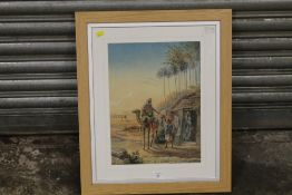 A FRAMED AND GLAZED WATERCOLOUR OF AN EAST AFRICAN VILLAGE SCENE - INITIALLED LOWER LEFT FG