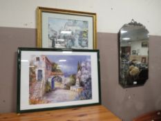 A DECO STYLE HANGING MIRROR AND TWO PRINTS (3)