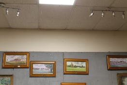 A COLLECTION OF FOUR PRINTS OF FAMOUS CRICKET GROUNDS BY TERRY HARRISON - EACH WITH A SMALL ENGRAVED