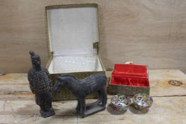 TWO CHINESE MINIATURE TERRACOTTA FIGURES - ONE OF A WARRIOR / ONE OF A HORSE TOGETHER WITH A BOX