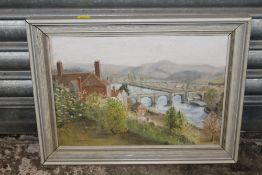 A SMALL FRAMED ON BOARD AF A HILLSIDE BRIDGE OVER A RIVER SIGNED LOWER LEFT H R EVANS