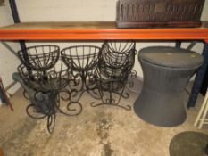 FIVE WROUGHT IRON FLOWER BASKETS ETC