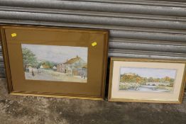 A GILT FRAMED AND GLAZED WATERCOLOUR OF SHEEP BEING DRIVEN THROUGH A VILLAGE SIGNED LOWER RIGHT W