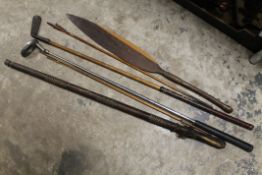 ANTIQUE WEST AFRICAN NIGERIAN LEATHER COVERED SWORD STICK, A SOUTH AFRICAN ZULU WOODEN CEREMONIAL