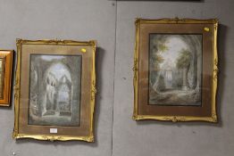 A PAIR OF GILT FRAMED AND GLAZED WATERCOLOURS OF ABBEY RUINS
