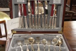 A TRAY CONTAINING A CANTEEN OF CUTLERY - UNCHECKED, BUNNYKINS CHRISTENING CUP ETC