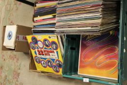 TWO TRAYS OF LP RECORDS TO INCLUDE LEVEL 42, MEAT LOAF ETC TOGETHER WITH A SMALL BOX OF 7