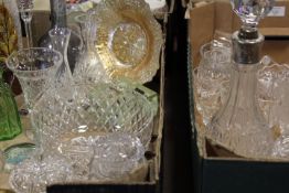 TWO TRAYS OF ASSORTED GLASSWARE TO INCLUDE DECANTERS VASES AND BOWLS ETC