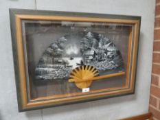 A FRAMED AND GLAZED ORIENTAL HAND PAINTED FAN, SIGNED LOWER LEFT