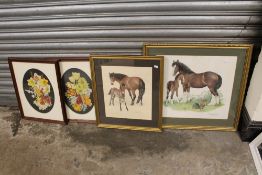 FOUR FRAMED AND GLAZED PICTURES TO INCLUDE TWO MARE AND FOAL EXAMPLES