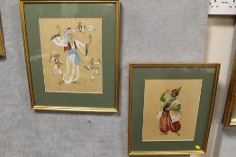 TWO GILT FRAMED AND GLAZED MIXED MEDIA STUDIES OF COSTUME DESIGNS WITH DETAILS LABELLED VERSO