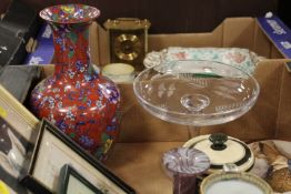 TWO TRAYS OF CERAMICS AND GLASS ETC TO INCLUDE A CAULDEN VASE