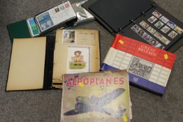 A TRAY OF STAMP ALBUMS, FIRST DAY COVERS, OLD PHOTOGRAPHS ETC