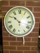 A 19TH CENTURY PAINTED CIRCULAR WALLCLOCK WITH SINGLE FUSSE MOVEMENT DIA. 30 CM (DIAL)