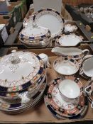 TWO TRAYS OF ANTIQUE BLUE AND GILT CERAMIC TEA AND DINNERWARE
