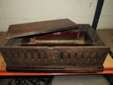 A HEAVILY CARVED OAK BOX - NO LID TOGETHER WITH AN INLAID MUSICAL BOX - NO CONTENTS A/F