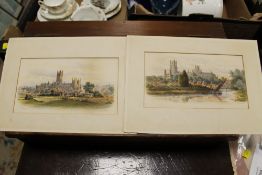 TWO SMALL UNFRAMED WATERCOLOURS OF CANTERBURY AND ELY SIGNED BY F P BARRAND ? (IN CABINET)