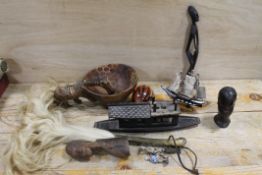 EAST AFRICAN TRIBAL ART CARVED HORN FLY SWISH WITH INLAID WHITE METAL, MODEL WOODEN BOAT, TWO TRIBAL