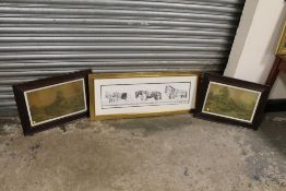 A LARGE LANDSCAPE LIMITED EDITION GILT FRAMED AND GLAZED HORSE RACING THEMED PRINT, TOGETHER WITH