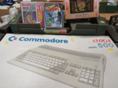 TWO TRAYS OF VINTAGE COMPUTER EQUIPMENT AND GAMES TO INCLUDE A BOXED AMIGA COMMODORE 500 (UNCHECKED)
