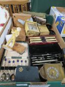 A TRAY OF ASSORTED COLLECTABLES TO INCLUDE A CASED RIEFLER DRAFTSMAN SET CLOCKS, BINOCULARS ETC