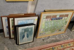 A COLLECTION OF MAINLY CRICKET THEMED PICTURES PRINTS, FRAMED JIGSAW ETC TO INCLUDE A LORDS PRINT