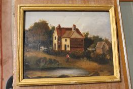 A SMALL 19TH CENTURY TYPE OIL ON BOARD PANEL OF A COTTAGE BY A POND INITIALED W.M 1871 VERSO