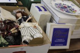 A SELECTION OF ROYAL ALBERT COLLECTORS PLATES TOGETHER WITH A TRAY OF SILK TYPE SCARFS ETC