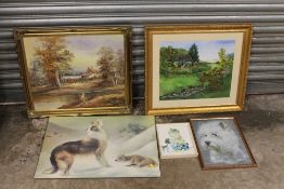 A GILT FRAMED OIL ON CANVAS OF A WATERSIDE COTTAGE SCENE SIGNED LOWER LEFT CAFIERI TOGETHER WITH A