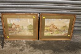A PAIR OF GILT FRAMED AND GLAZED ANTIQUE WATERCOLOURS OF RURAL SCENES, ONE ENTITLED NEAR SOUTHCHURCH