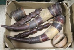 TWO WEST AFRICAN NIGERIAN HARDWOOD IBEJI DOLLS, TWO NIGERIAN LEATHER COVERED CEREMONIAL DRINKING