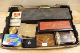 A TRAY OF WOODEN JEWELLERY BOXES ETC