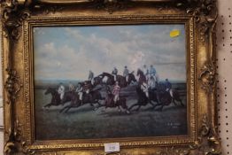 A GILT FRAMED CERAMIC TILE DEPICTING A VINTAGE RACING SCENE