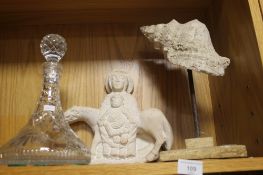 A CUT GLASS SHIPS DECANTER AND TWO SCULPTURES