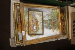 TWO OIL PAINTINGS AND AN EMBROIDERED PICTURE