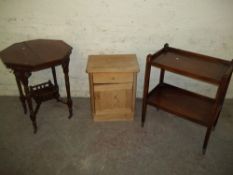 3 ITEMS TO INCLUDE A HEXAGONAL ANTIQUE EDWARDIAN SIDE TABLE, A PINE CUPBOARD A/F AND A TEA SERVING