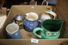 THREE RETRO JUGS A VASE AND A BARGEWARE JUG