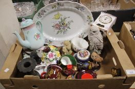 A BOX OF ORNAMENTS AND CERAMICS