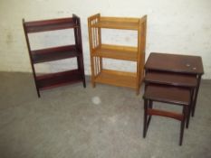 3 ITEMS TO INCLUDE A MAHOGANY NEST OF THREE TABLES AND 2 BOOKSHELVES