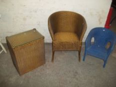 A LLYOD LOOM CHAIR AND ALINEN BOX AND A MATCHING SMALL WICKER CHAIR