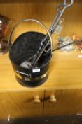 A COAL SCUTTLE AND A COLLECTION OF FIRESIDE ITEMS