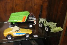 A VINTAGE RICO DUMP TRUCK, A TONKA DIGGER AND A SPORTS CAR