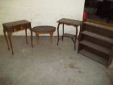 FOUR ITEMS TO INCLUDE TWO OCCASIONAL TABLES A SIDE TABLE AND A BOOKCASE