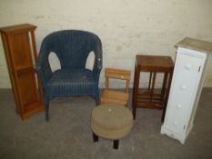 6 ITEMS TO INCLUDE CD RACKS AN OCCASIONAL SIDE TABLE AND A WICKER CHAIR ETC