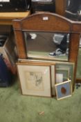 A DECORATIVE MIRROR TOGETHER WITH A COLLECTION OF ASSORTED PRINTS