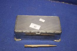 A HALLMARKED SILVER BOX AND A PENCIL