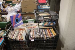 A LARGE TRAY OF RECORDS TO INCLUDE BOWIE, MADNESS ETC