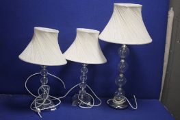 THREE GLASS TABLE LAMPS AND SHADES
