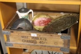 AN OLD WOODEN CRATE SUNNY JIM TOY AND AN OLD BOTTLE ETC